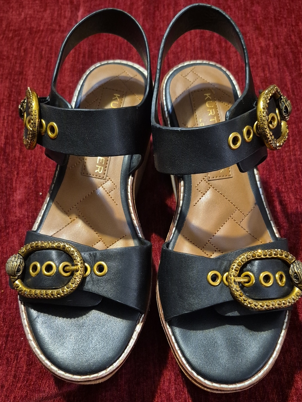 Kurt Geiger Black Leather Sandals with Ornate Gold Buckles